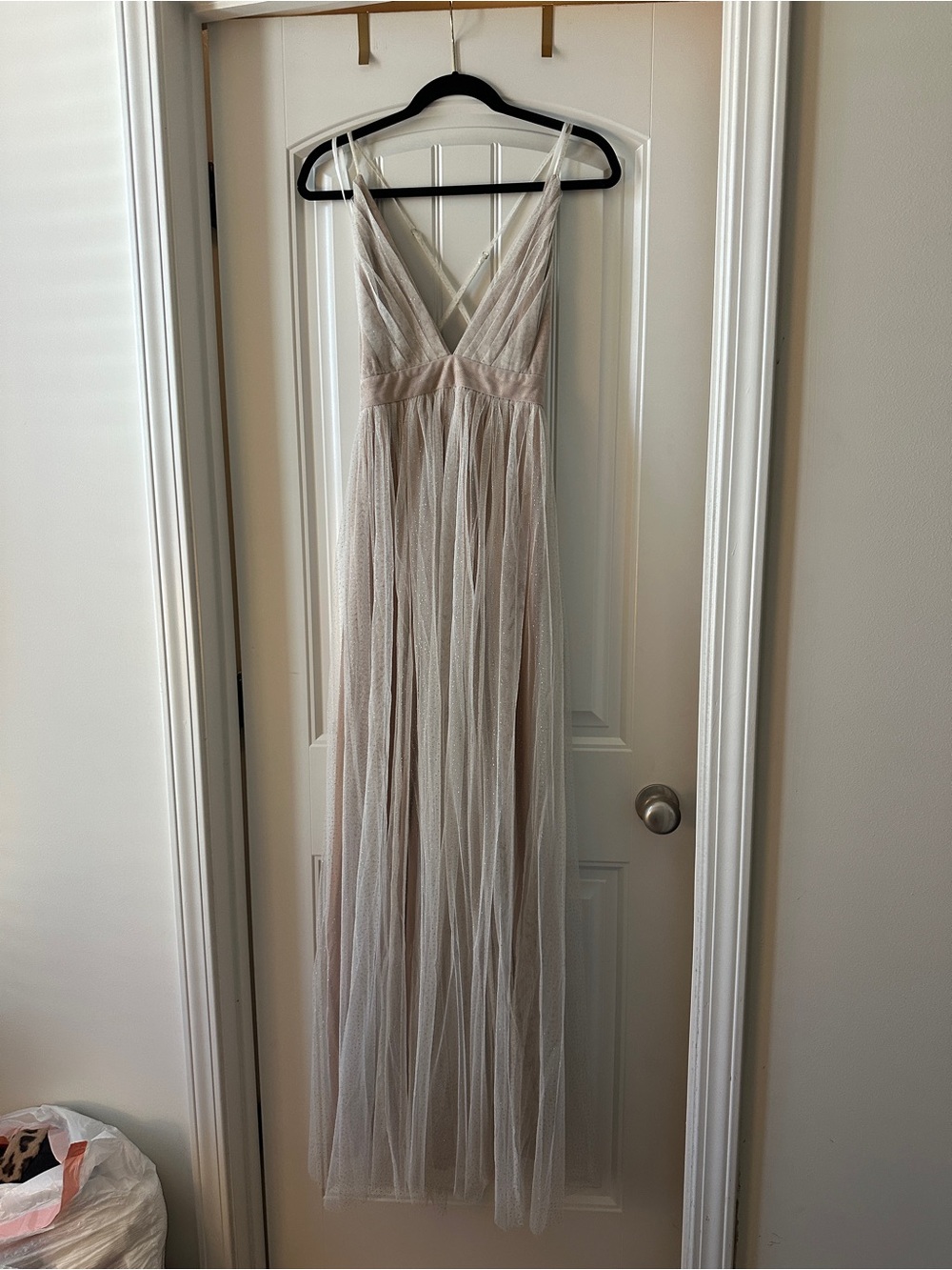 Lovely Day Dusty Blush Mesh Maxi Dress with V-Neck and Crisscross Straps